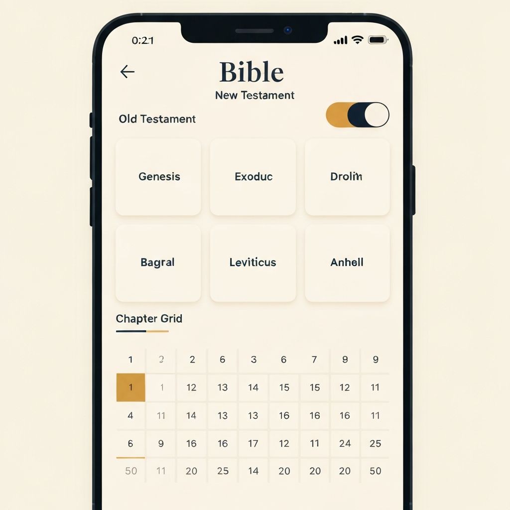 Scripture Mate full Bible navigation with Old and New Testament toggle, 66-book selector, chapter grid, and verse reader